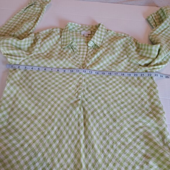 J Jill Love Linen Green White Gingham Popover Blouse Size Med - Picture 6 of 10